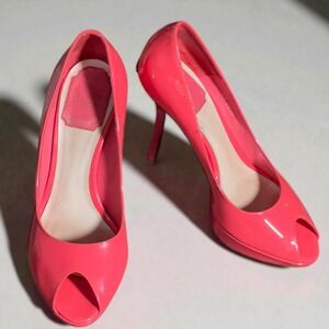 Christian Dior Patent Leather Peep Toe Platform Heels Coral Pink Size 36.5 w/box
